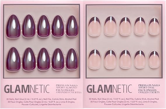 Glamnetic Press-On Nails Bundle - Cherry Glaze | 2 Short Almond & Oval Fake Nails with Deep Cherry & Purple Tones | Glossy & Glazed Finishes | Durable, Salon-Quality Nail Kits