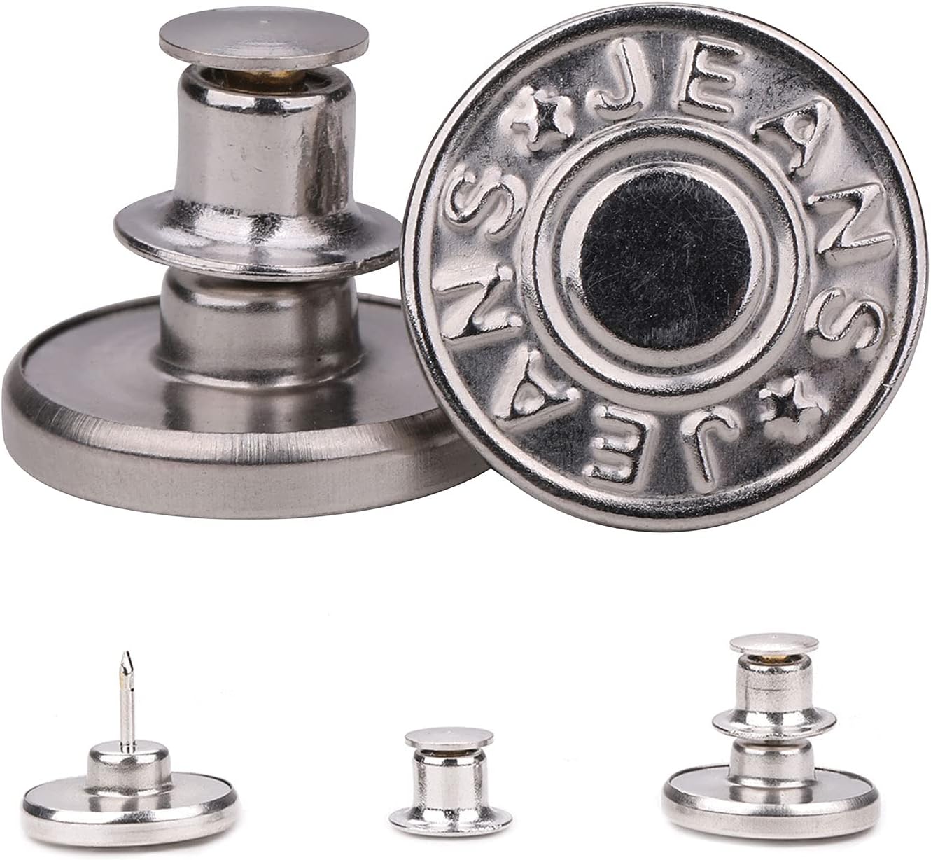 Weddecor No-Sew 17mm Jean Button Replacements, Instant Fit Jeans Button Pins, Detachable Tool-Free Buttons, Reusable Instant Buttons for Denim Jeans, Jackets Silver Print, 2pcs