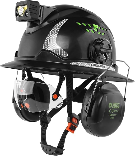 GREEN DEVIL Full Brim Hard Hat with Headlight,Ear Muffs,Visor 4 in 1 Helmet