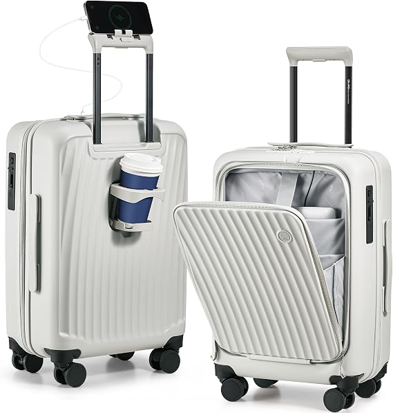 OIWAS Carry On Luggage with Cup Holder Top Opening Hardside Suitcase, White