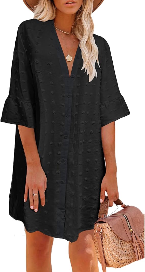 Women's Swimsuit Coverup Button Down Beach Cover Ups Shirt Dress Summer Casual Oversized Vacation Swimwear