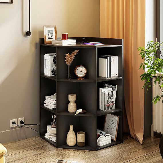 HedoAjim Corner Cabinet, Corner Storage Shelf with USB Ports and Outlets Industrial Organizer for Small Space Wooden 9-Cubby Bookshelf for Study, Playroom, Living Room (Black)