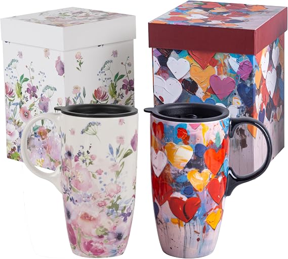 Ceramic Mug Set of 2 Travel Coffee Cup with Lid for Home & Office, 17oz. Porcelain Tall Tea Cup with Handle, Flower & Heart Mug Art Pattern in Color Box, 6.5" H