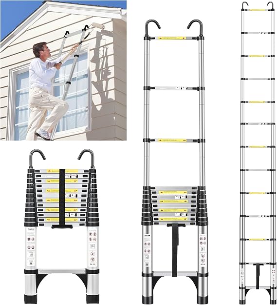Jadduo 3.8 m Aluminium Telescopic Ladder with Hooks 150 kg Load Capacity