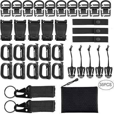 35pcs Tactical Molle Attachments for Molle Backpack,Molle Webbing Key Ring&Strap,360 Rotation D-Ring Clip, Web Dominator Elastic String&Buckle,Tactical D-Ring Hook,with Zippered Pouch