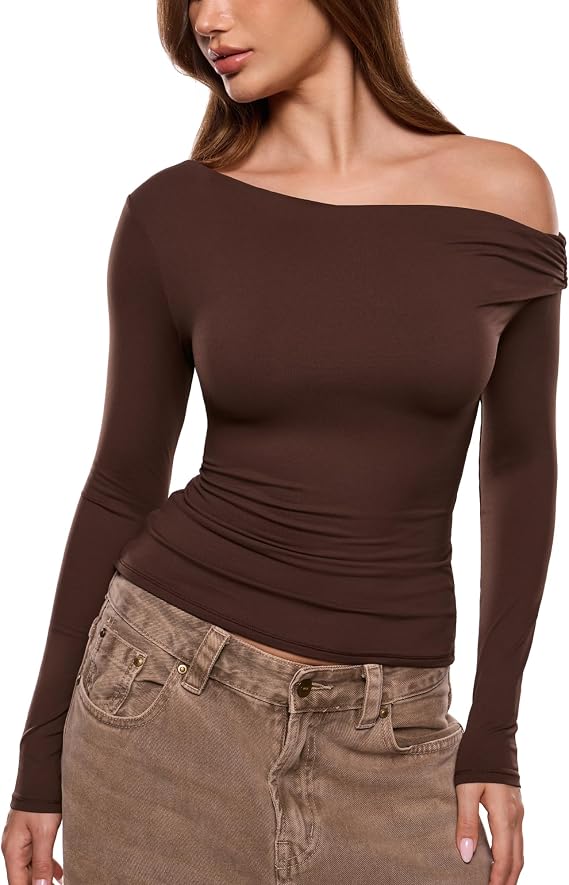 INLYRIC Women's Inbarely Seasons Off The Shoulder Double Lined Long Sleeve Tops Going Out Slim Fitted Sexy T-Shirts