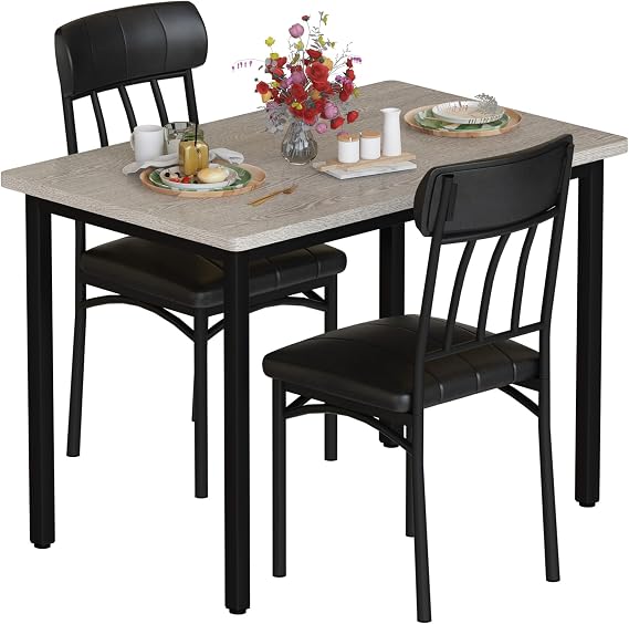 AWQM 3 Piece Dining Table Set for 2, Small Industrial Kitchen Table and 2 Chairs, Kitchen Breakfast Dining Table Set, Breakfast Table Set for Dining Room, Living Room, Apartment, Small Space, Grey