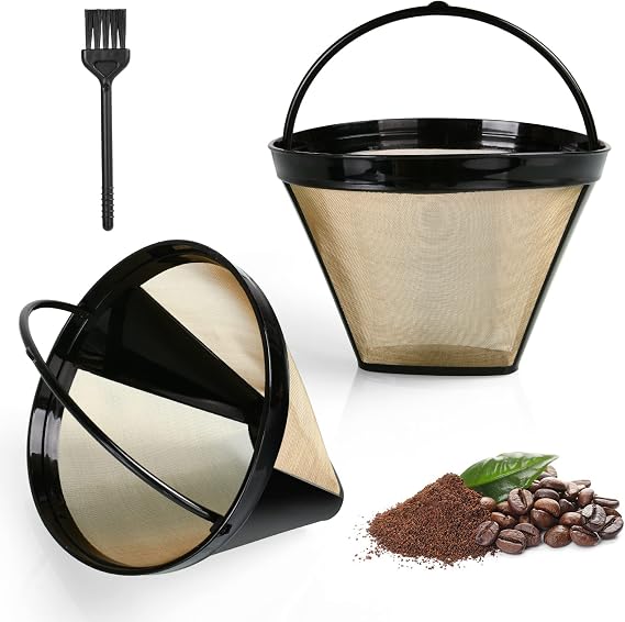 AOMIG Reusable Coffee Filter Pack of 2 Gold Tone Filters Size 4 with Brush Coffee Permanent Filter Stainless Steel with Handle Permanent Filter Mesh Basket Washable for Ninja CFP Series Coffee Machines