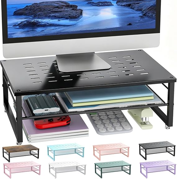 gianotter 2-Tier Metal Monitor Stand Riser | Desk Organizers and Accessories, Desk Organizer for Monitor, Office Desk Storage Organizer for Office Supplies (Black)