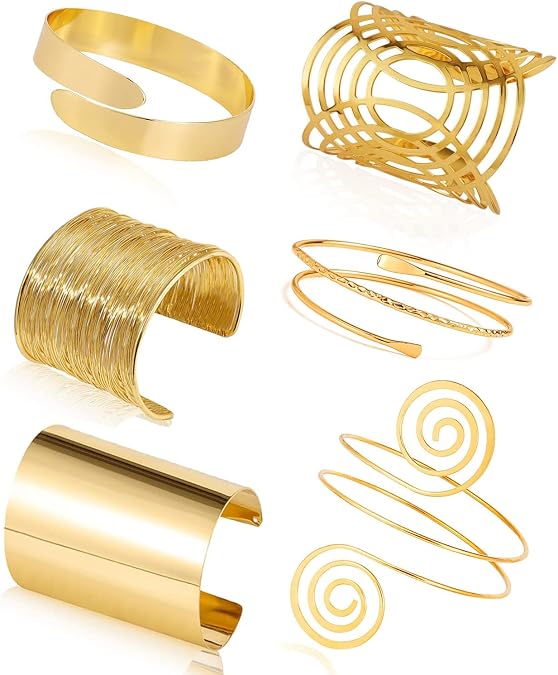 COLOYAN 6Pcs Gold Upper Arm Cuff Bangle Bracelet Set For Women | Minimalist Coil Bangle, Adjustable Wide Wire Grooved Cuff, Arm Band Cuff Armlet Jewelry for Parties, Festivals & Daily Wear