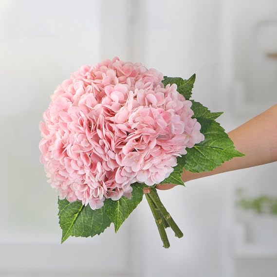Kmise Hydrangea Artificial Flowers, 22 Real Touch Lifelike Latex Hydrangeas, Large Faux Hydrangea for Home Decor Wedding Bouquets, Pink, 3pcs