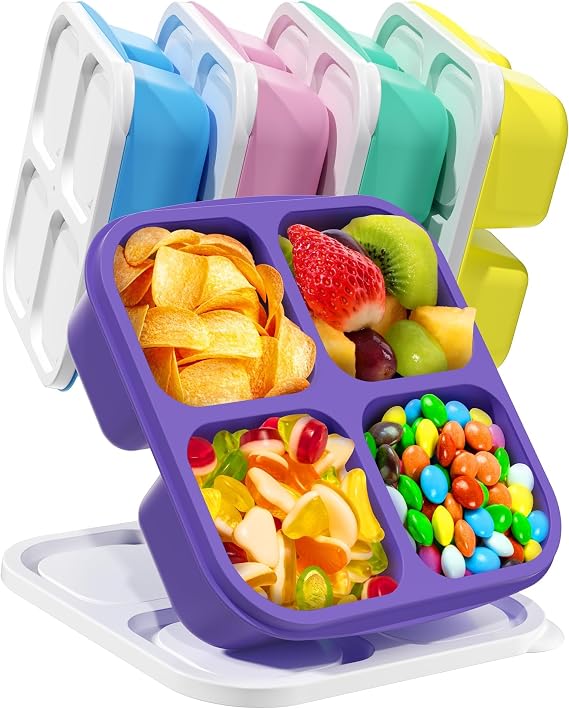 Snack Box with Compartments Pack of 5 4 Compartments Snack Plates with Lid Microwave Safety for Spice Storage Containers Sweets Veggie Desserts Bento Snack Box for School Work & Travel (White Lid)