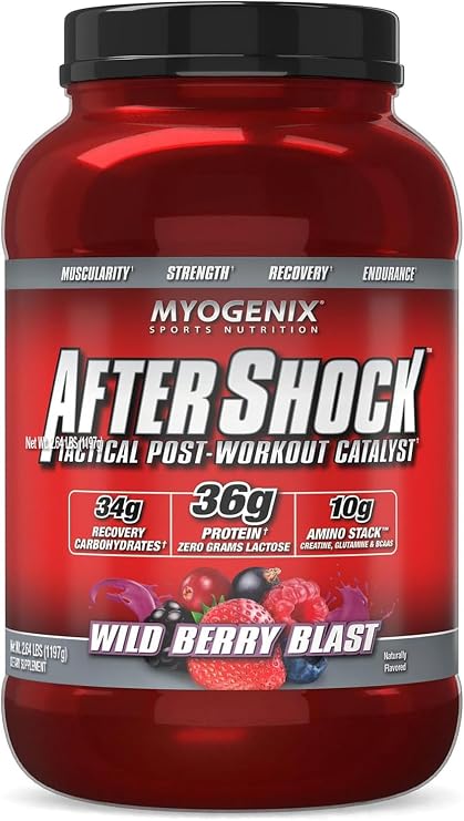 Myogenix Aftershock Post Workout Muscle Growth Whey Protein Powder Speeds Up Muscle Growth and Recovery Supports Joint Health and Replenishes Glycogen Wildberry Blast, 3 lbs