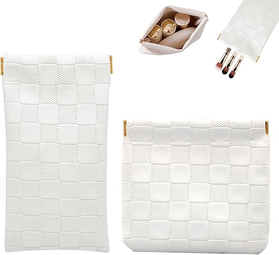 2PCS Small Makeup Bag for Purse, Mini Leather Pocket Cosmetic Bag for Women, Waterproof Portable Makeup Pouch No Zipper Coin Purse Lipstick Bag Accessories, Checkered Travel Storage Bag (White)