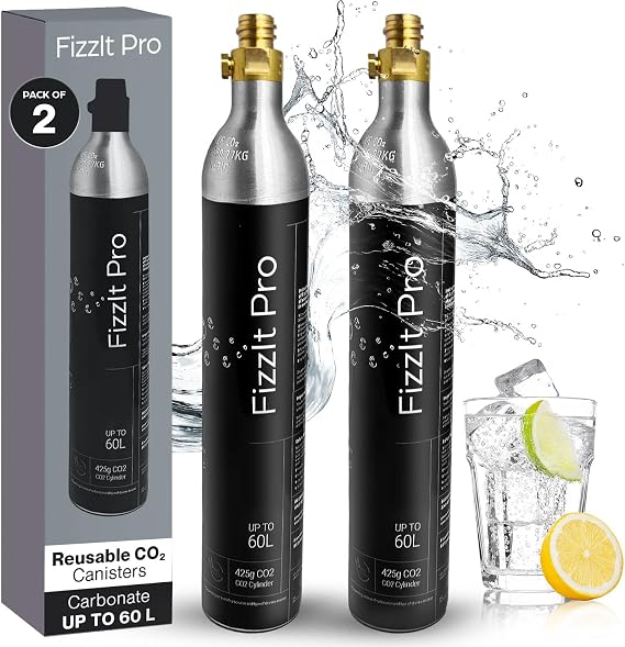 425g CO2 Cylinders, Carbonates Up to 120L, Refillable Soda Makers, Fits Most Screw-Type Compatible Models, Efficient Carbonation for Water & Beverages, Compact & Cost-Effective (Pack of 2)