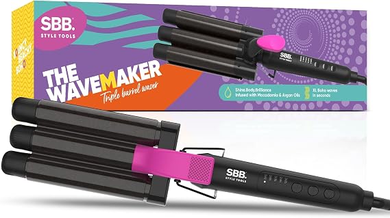SBB The Wavemaker Triple Barrel Hair Waver - Ceramic Beach Waver, Hair Curler, Styler for Deep Mermaid Beach Waves for Short, Medium and Long Hair Types - Lightweight, Includes Heat-Resistant Glove