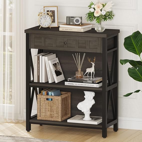 Rustic Small Bookshelf, Industrial Wood Book Shelf with Drawer, 3 Shelf Bookcase for Small Space, Low Book case for Living Room, Home Office (Walnut Brown)