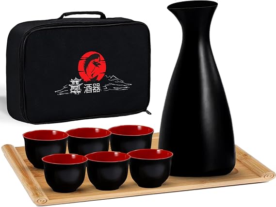 Sake Set 9 pcs | Sake Cups set of 6 | Saki Cup Set| Japanese Sake Set with Bamboo Tray | Soki | Sake Cup Set | Sake Carafe | Candles and Sake Bottle