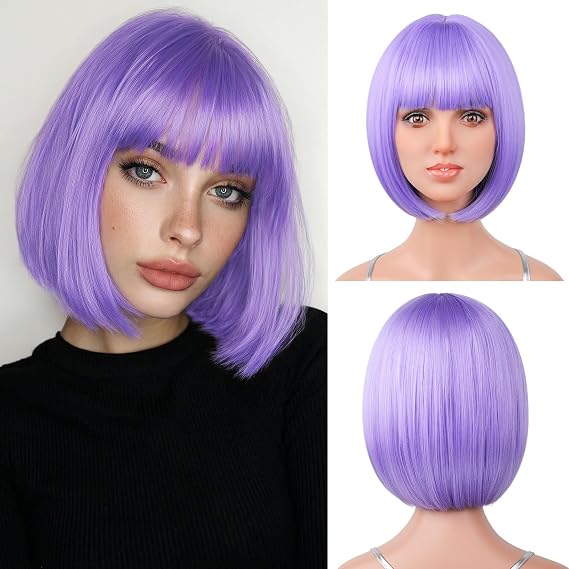 12 Inch Short Bob Light Purple Wig with Bangs, Colorful Wig for Halloween Daily Cosplay & Party Use, Heat Resistant Straight Synthetic Cosplay Party Wigs for Women (Light Purple)