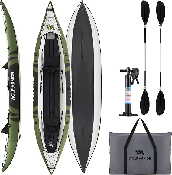 WOLF ARMOR Inflatable Recreational Touring Kayak with EVA Padded Seats, 2-3 Person Inflatable Kayak with All The Accessories