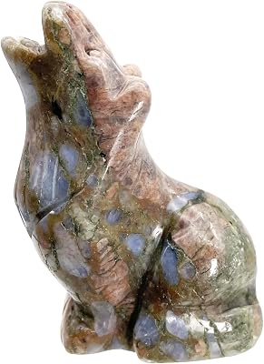 Fekuar 2 Natural Blue Rhyolite Howling Wolf Statue, Hand Carved Stone Wildlife Animal Figurine Healing Sculpture Collectible Art Fengshui