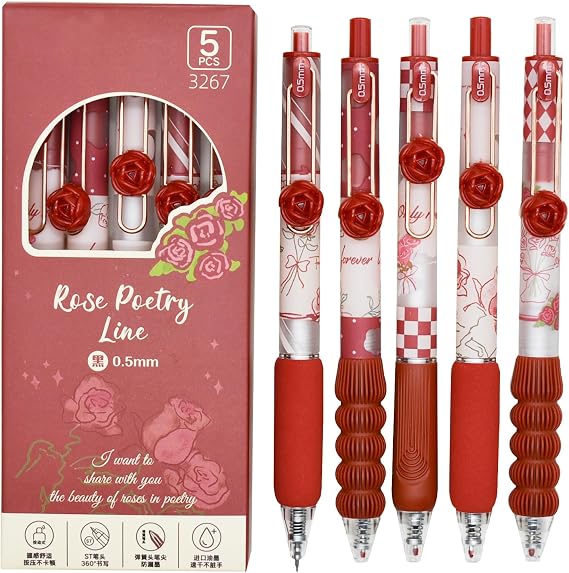 5-Pack Neutral Pens Quick-Dry Ballpoint Black Ink Rose Decor Pens for Office Party Stationery Office Supplies for Children School Entrance Celebration Birthday Gift Rose 0.5mm