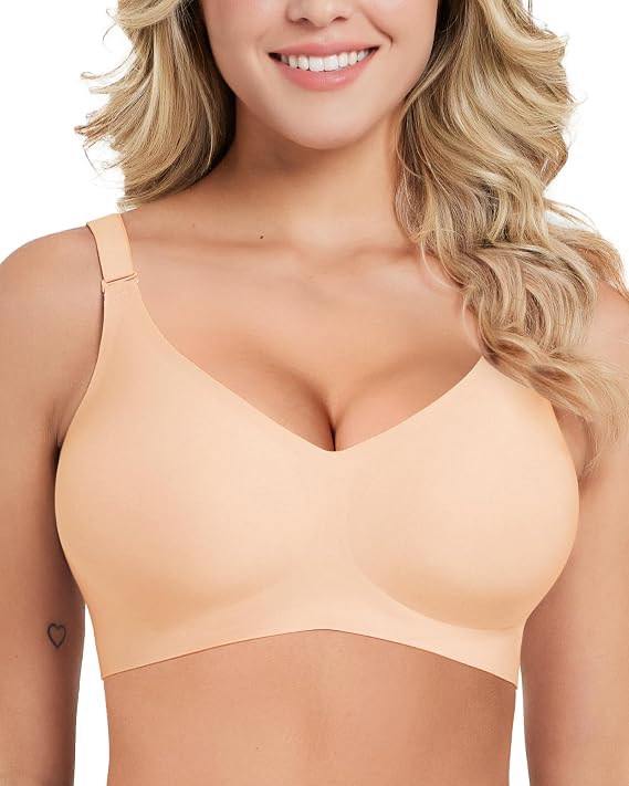 Wireless Bras for Women No Underwire, Seamless Bras Smooth Soft V Neck Full Coverage Comfort Bra with Extender Nude