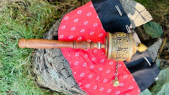 Tibetan Buddhist Om Mani Padme Hum Hand Prayer Wheel 8" Brass Hand Crafted in Nepal with Wooden Handle