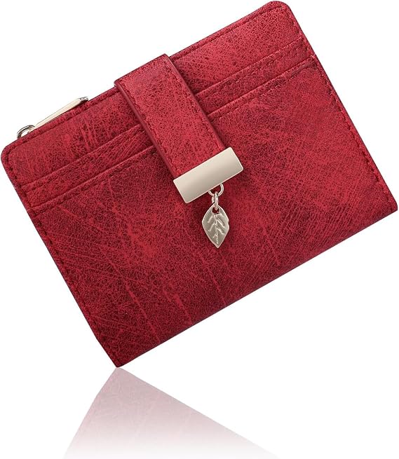 Pomelo Best Women's RFID Wallet - Vegan Leather Bi-fold Small Ladies Purse with Zipper Coin Pocket & ID Window - Leaf Charm Compact Wallet for Women (Suede red)
