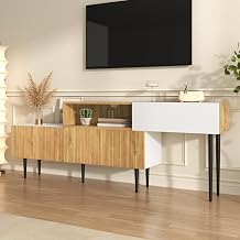 TV Cabinet with Adjustable Length, Modular 2-Part Design, TV Stand with Wood Look and Black Metal Legs, Entertainment Center for Living Room and Bedroom, 130-220*30*63.5cm, White and Wood