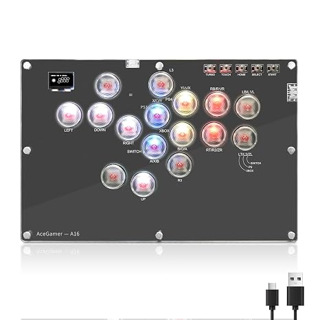 AceGamer Arcade Stick 16Keys All-Button Gamerfinger with Turbo Functions & Custom RGB,Arcade leverless Controller Street Fight for PC/Ps3/Ps4/Switch/Steam Game Keyboard-Supports Hot Swap & SOCD