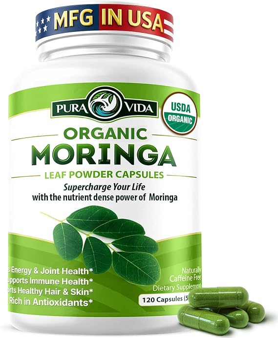 PURA VIDA MORINGA Organic Moringa Capsules for Energy, Immune, Antioxidant & Joint Support. Pure Moringa Leaf Powder in 120ct, 500mg Pullulan Capsules