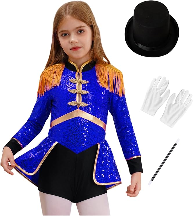 4Pcs Girls Drummer/Lion Tamer/Magician Costume Kids Circus Ringmaster Costume Sequins Bodysuit Outfit