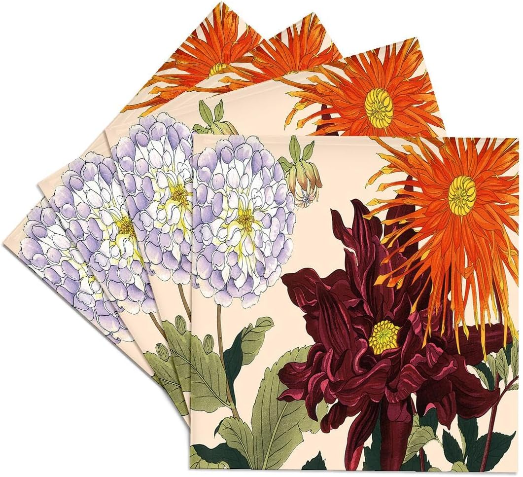 Set of 4 Ceramic Tile Coasters - Large Colorful Dahlias in Light Lavender, Burgundy and Orange BLN Japanese Woodblock Flowers by Tanigami Konan