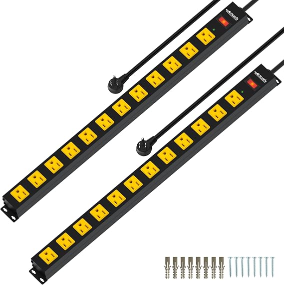 12 Outlet Long Power Strip, 2100 Joules Surge Protector, 6FT Power Cord, Wide Spaced Outlet Power Bar, Overload Protection Switch, Industrial Heavy Duty for Work Bench, Shop, Garage