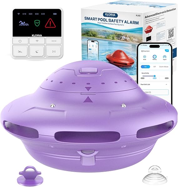 Smart Pool Alarm with App for Inground & Above Ground Pools, Adjustable Sensitivity Water Detection Alarm up to 20x40ft, 85dB+ Safety Alerts for Kids, Pets & Accidental Entry(Purple)