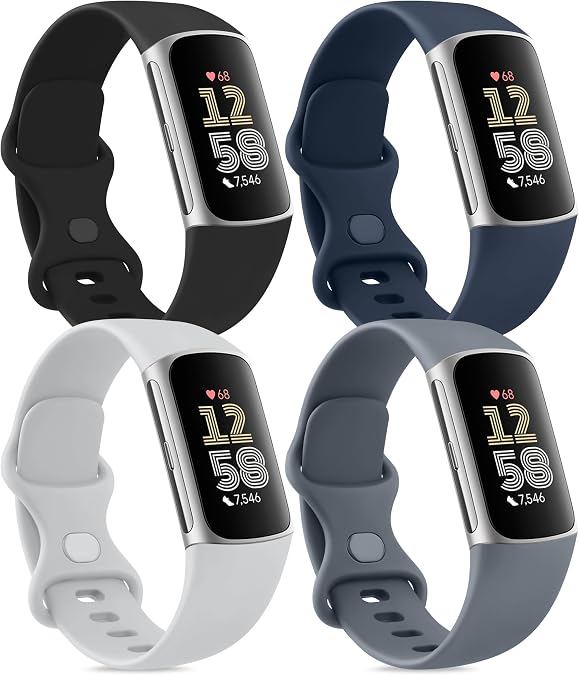 Vancle Band Compatible with Fitbit Charge 6 Bands Women Men[4 PACK], Classic Soft Replacement Sport Straps Wristbands for Fitbit Charge 5 Fitness & Health Tracker