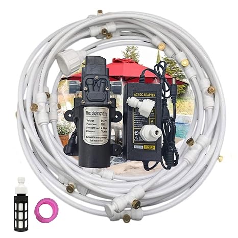Misting Cooling System Mister Kit with 12V Pump, DIY Outdoor Mist Irrigation Cooling System with 3/4Adapter and Brass Mist Nozzle, Water Mister for Outdoor Patio Garden Umbrellas Greenhouse
