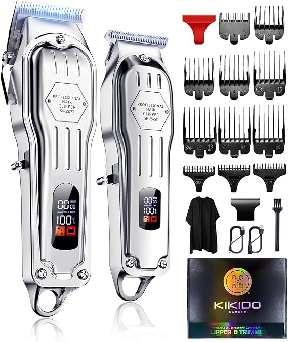 KIKIDO Cordless Hair Clippers for Men Professional Home Hair Cutting Kit | 6500RPM Motor 2500mAh Rechargeable Battery LED Display Electric Barber Clippers and Trimmers Set for Face,Beard,Body, Silver