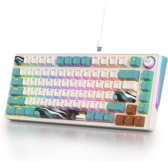 75% Wired Creamy Keyboard, Hot Swappable Mechanical Gaming Keyboard with Gasket Mounted, RGB Backlit, Red Switch, Knob Control for Win Pc Laptop(82Brown)