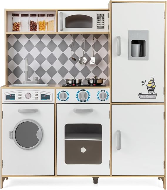 COSTWAY Kids Wooden Kitchen, Pretend Play Kitchen with Light, Sound, Ice Maker, Washing Machine, Oven, Microwave & Utensils, Large Children Chef Role Playset for Boys Girls (Natural+White)