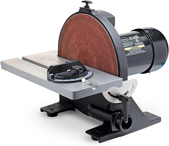 Eastwood Disc Sander | Powerful 1.25HP 12" Disc Sander Tool | Heavy Duty Cast Iron Base and Vacuum Port with a 45 Degree Adjustable Work Surface and Adjustable Miter Gauge