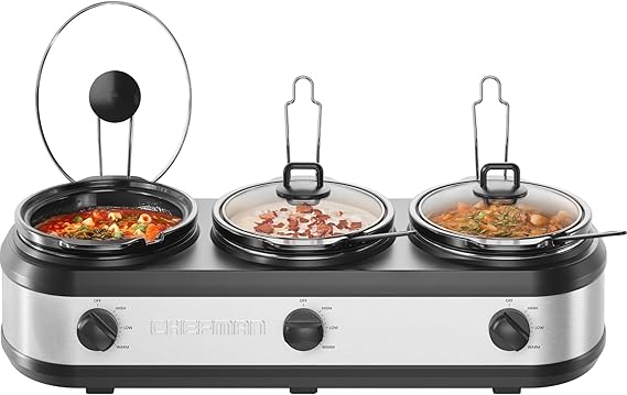Chefman Triple Slow Cooker & Food Warmer, Three Crock Slowcooker with 2.5 Qt. Ceramic Crocks, 7.5-Quart Total Capacity, PFAS-Free, Three Temperature Settings, Dishwasher-Safe Parts Stainless Steel