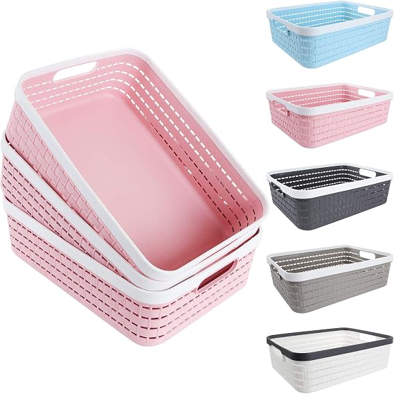 CertBuy 3 Pack Plastic Storage Baskets 14 x 10 x 4.5 Inch, Large Weave Storage Bins with Handle for Cabinet, Shelf, Kitchen, Bedroom, Bathroom and office Pink