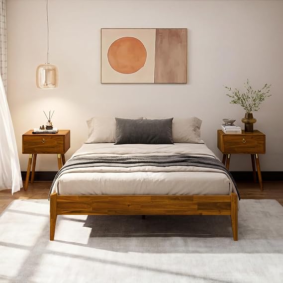 Bme Dinkee 15" Wood Full Bedframe, No Headboard, Japanese Style, Caramel