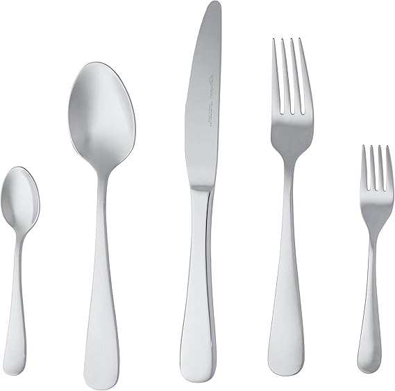 Amazon Basics 20-Piece Stainless Steel Cutlery Set, Round Edge Handle, Service for 4, Dishwasher Safe, Silver