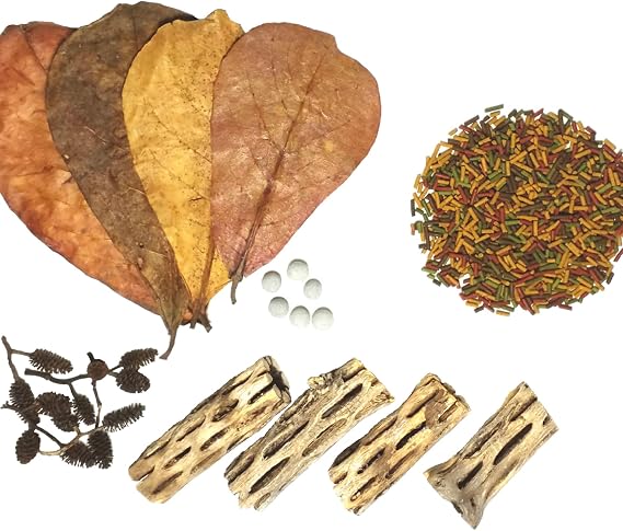 15-Piece Freshwater Shrimp, Crabs, Snails Starter Kits, Including Shrimp-Crab-Snail Food, Cholla Wood, Alder Cones and Japanese Mineral Balls - 15 Piece