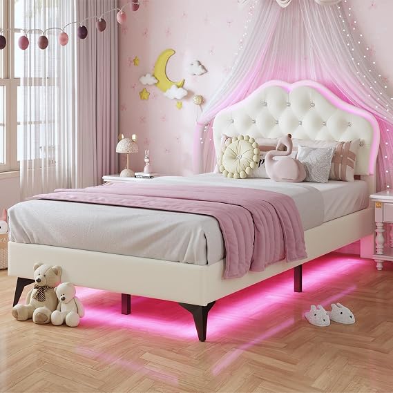 Girls LED Twin Bed Frame, Princess Upholstered Adjustable Headboard | Princess Girls Twin Bed Frame, LED Lights, Strong Wooden Slats, Crystal Button Headboard, No Box Spring Needed, Noise-Free