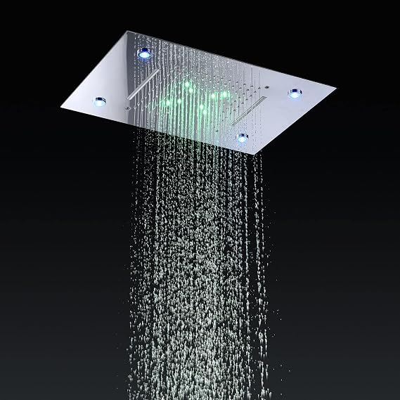 Cascada Classic Design 14" x 20" large recessed Multi-color LED (RGB) Waterfall Rain Shower Head with 2 Modes Functions (Rainfall & Waterfall) (Antique Brass)