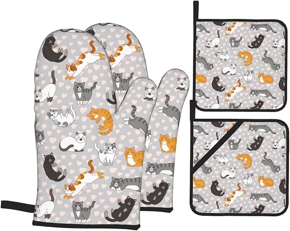 Cute Cat Kitten Oven Mitts and Pot Holders Set of 4, Oven Mittens and Potholders Heat Resistant Gloves for Kitchen Cooking Baking Grilling BBQ